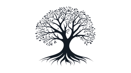 Stylized tree silhouette showing roots and branches on transparent background