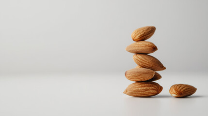 Close up of almonds stacked in small pile, showcasing their natural texture and color. Perfect for healthy snacking or culinary use