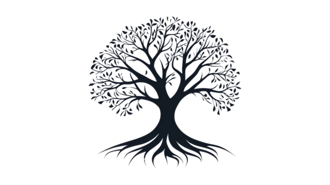 Stylized tree silhouette showing roots and branches on transparent background