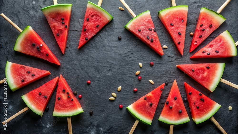 Poster Refreshing Watermelon Popsicles Arranged in a Circular Pattern on Dark Surface
