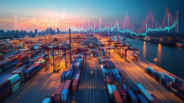 Aerial View of Busy Shipping Port at Dusk with Containers and Digital Overlay Representing Data Analysis