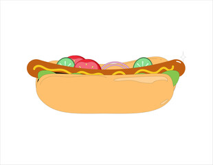 Hot-dog, american sandwich with meat sausage and vegetables between long buns. Hotdog, street fast food, snack with tasty filling, chicken, sauce. Flat vector illustration isolated on white background