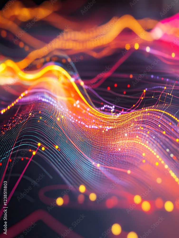 Poster close-up of a dynamic financial chart with colorful indicators and data points illustrating market t