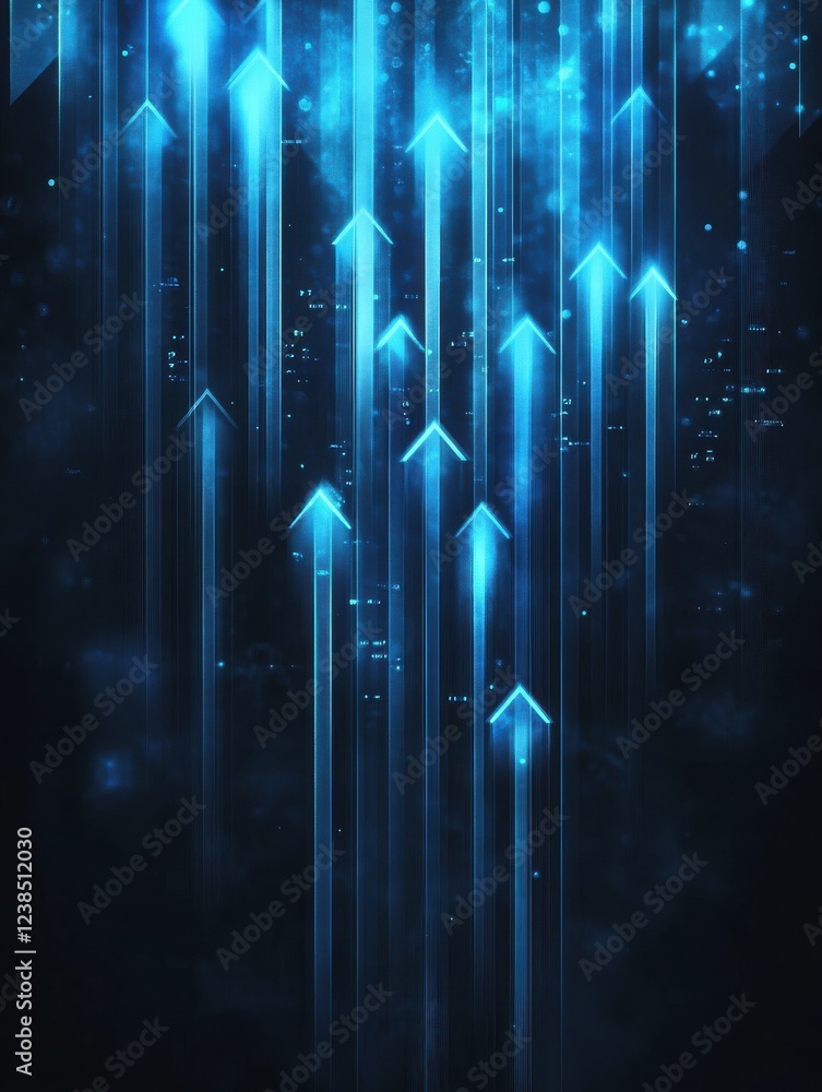 Poster abstract background with blue glowing arrows pointing upwards, representing growth and progress in t
