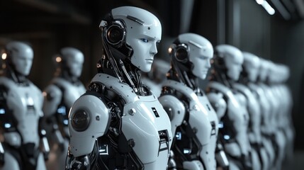 Fototapeta premium A Row Of Advanced Humanoid Robots Stands Ready