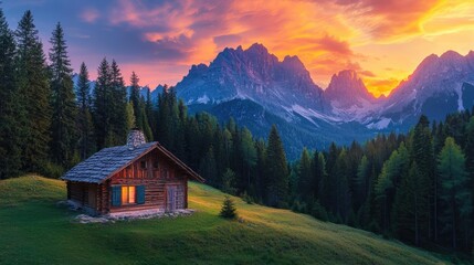Obraz premium Amidst mountains nature idea. A tranquil cabin nestled in majestic mountains during a vibrant sunset.