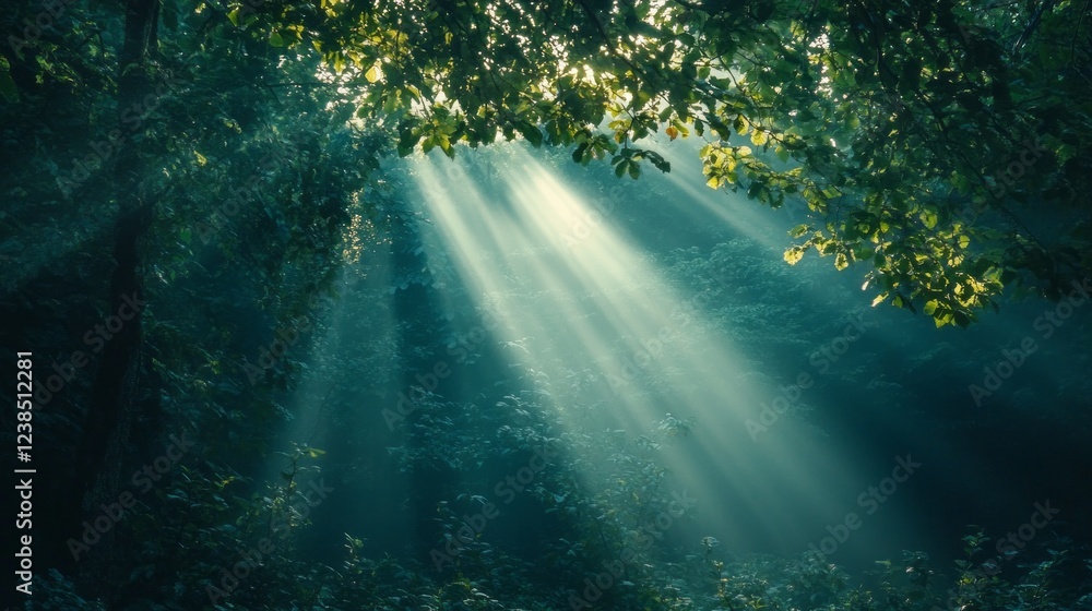 Poster golden rays of sunlight break through the dense foliage, casting an enchanting glow on the forest fl
