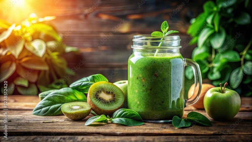 Poster refreshing green smoothie with kiwi and apple in mason jar