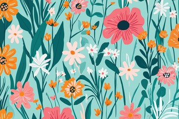 Colorful floral seamless pattern with spring flowers on a blue background, featuring a vintage retro hand-drawn illustration, perfect for textile fabric, print wallpaper, or mural decoration