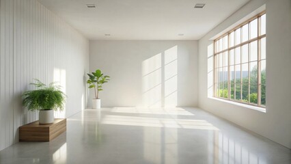 Sunlit minimalist interior design showcasing a spacious room with potted plants and large window