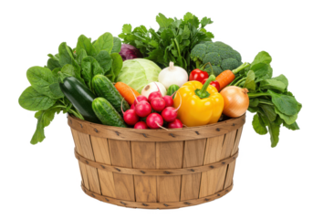 A full basket over flowing with fresh vegetables isolated on white background, no depth of field, sharp.