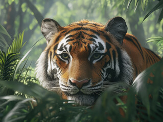 Fototapeta premium A tiger is laying in the jungle, looking at the camera