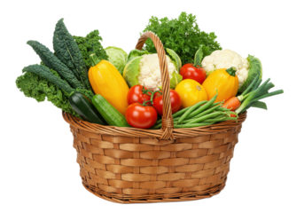 A full basket over flowing with fresh vegetables isolated on white background, no depth of field, sharp.