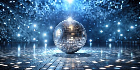 Obraz premium Luxurious mirrored dance floor under sparkling silver disco ball, party, glamourous, party, glamourous, celebration