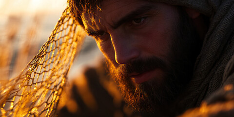 Close-up Portrait: Bearded Man with Fishing Net in Golden Light
