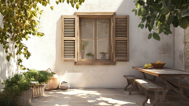 Sunny Mediterranean courtyard patio, rustic table, plants