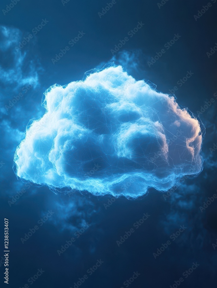 Poster creative glowing polygonal cloud on blue background. cloud computing and data concept. 3d rendering.