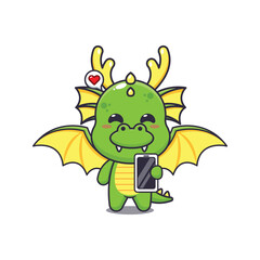 dragon mascot cartoon character vector illustration with mobile phone.