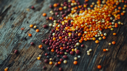 Fototapeta premium Colorful raw legumes scattered on rustic wooden surface create vibrant and inviting display. rich hues of red, orange, and yellow legumes contrast beautifully with textured background