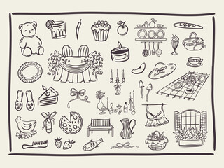 Set of whimsical hand-drawn cottage core, food and drink illustartion in trendy vintage style. Perfect for quirky wedding holiday, dinner and bar menu, bachelorette party, birthday invitation, sign