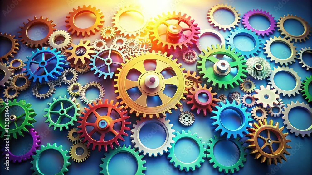 Poster a vibrant array of interconnected gears, showcasing the intricate beauty of machinery and the concep