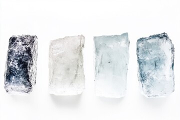 Four unique ice blocks arranged neatly, showcasing clarity and coolness against a pristine white background for creative projects and design needs