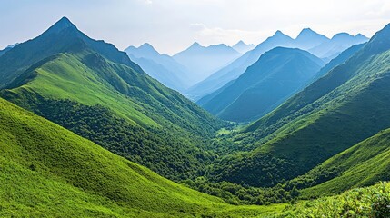 Fototapeta premium Amidst mountains nature idea. Breathtaking green valley surrounded by majestic mountains under clear blue sky.