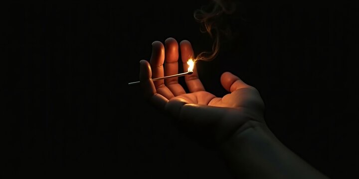 Hand Holding a Burning Matchstick in the Dark with Dramatic Lighting