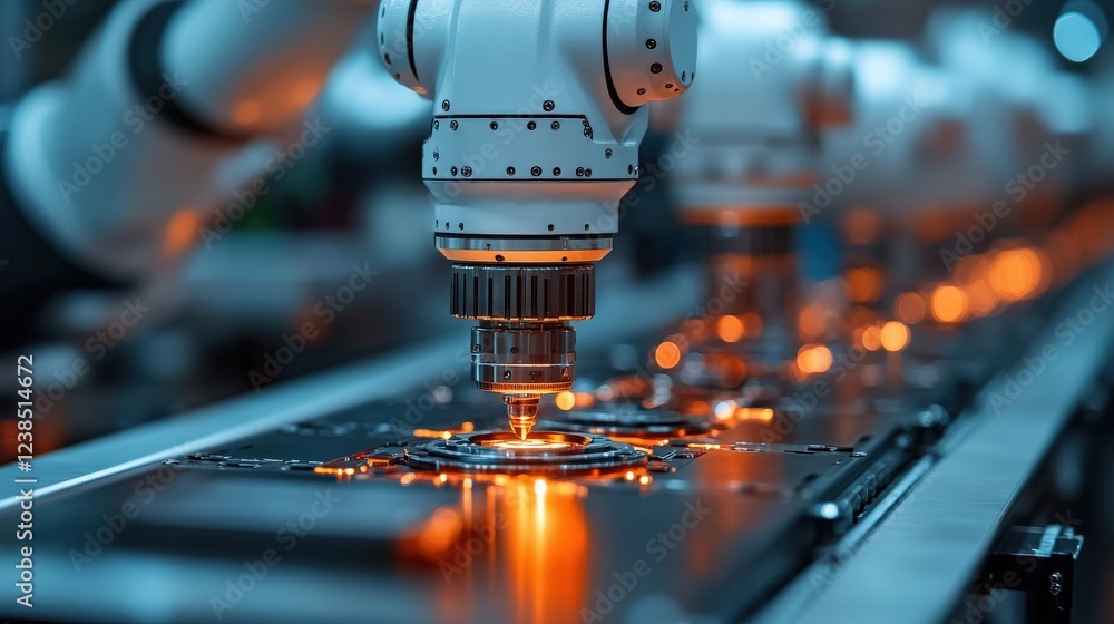 Poster advanced robotic arms assembling intricate components in a high-tech manufacturing facility