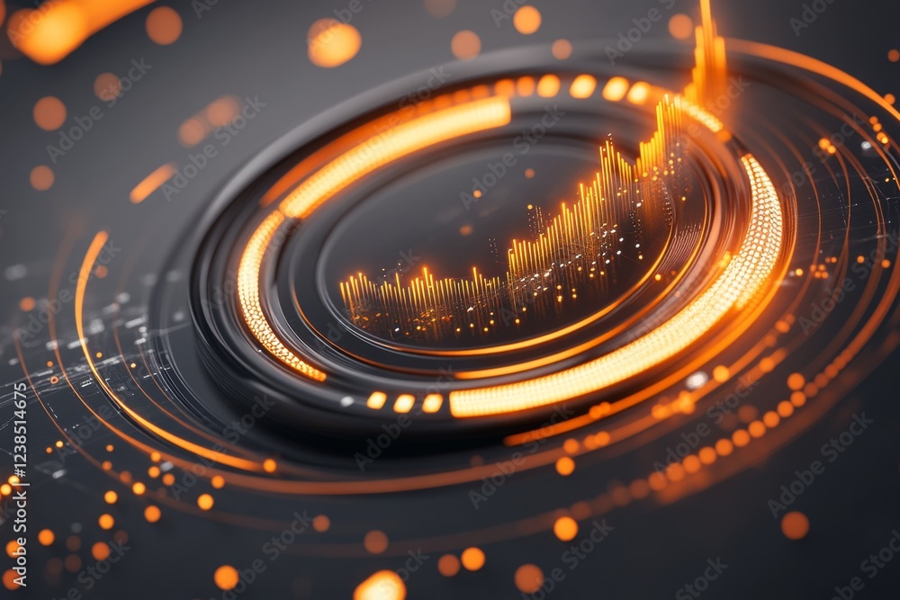 Poster A futuristic banking dashboard in 3D, with glowing holographic data streams showing trends in interest rates and savings accounts