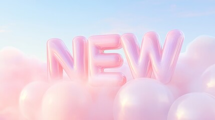 Soft pink NEW letters floating among clouds in a serene pastel sky at dawn