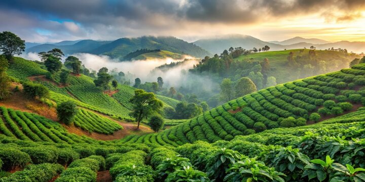Breathtaking coffee plantation in Coorg with lush greenery and misty mountains , coorg, tropical,  coorg