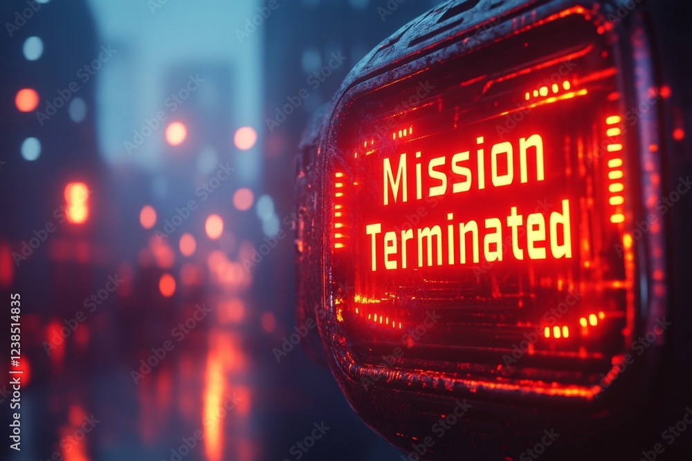 Aufkleber A futuristic interface where an AI-controlled system displays â€œMission Terminatedâ€ in glowing red holographic text, surrounded by sleek, neon-lit technology