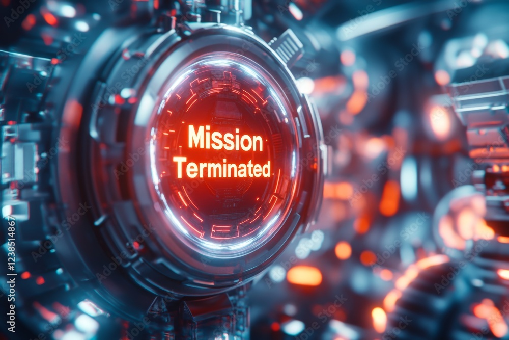 Aufkleber A futuristic interface where an AI-controlled system displays â€œMission Terminatedâ€ in glowing red holographic text, surrounded by sleek, neon-lit technology