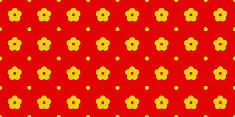 Geometric Asian line art seamless pattern with oriental traditional shapes flowers ornament, waves. Red and gold Japanese print for lunar chinese new year decoration. Luxury retro vector illustration