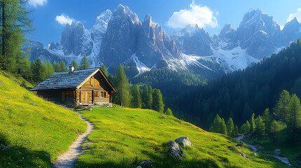 Obraz premium The rugged beauty of the Dolomite mountains, with jagged peaks covered in snow, lush green alpine meadows, and a winding trail leading to a cozy wooden cabin.