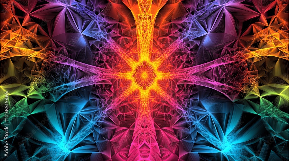 Poster vibrant geometric pattern with bright colors radiating from the center in a mesmerizing display of s