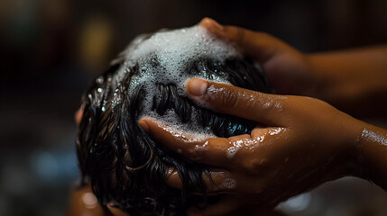 Naklejka premium Closeup of baby head washing with shampoo