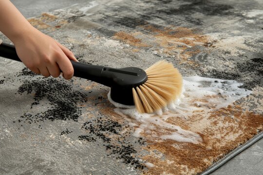A hand cleaning a stained rug with a brush and soapy water, showcasing effective carpet maintenance and care techniques.