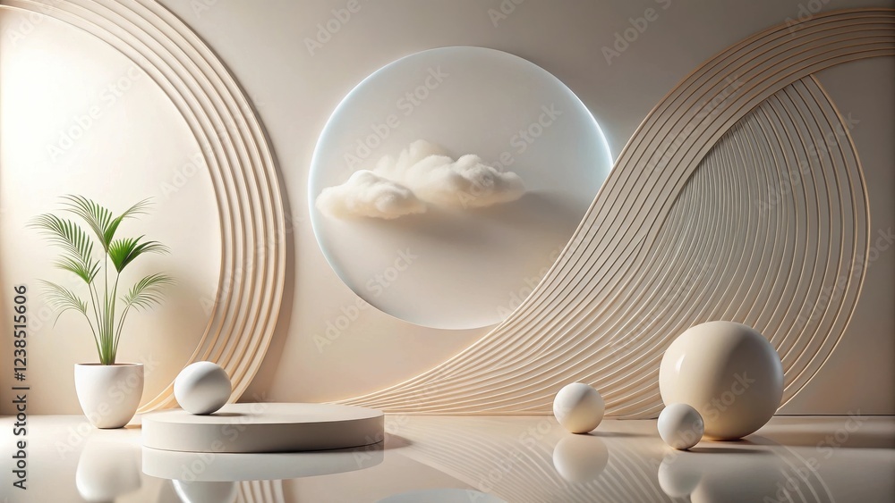 Aufkleber serene minimalist interior design with abstract wall decor and display platform