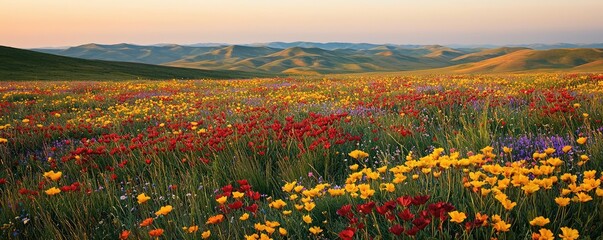 Fototapeta premium Wildflower fields nature concept. Vibrant wildflowers bloom across rolling hills at sunset, creating a picturesque landscape.