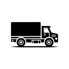 Black and white illustration of a delivery truck. Perfect for transportation, logistics, and shipping businesses.  A simple yet effective design for websites and marketing materials.