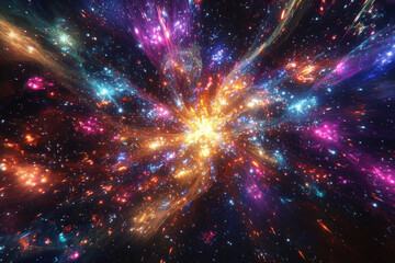 Explosive cosmic nebula with radiant golden and magenta hues expanding into space.