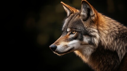 Fototapeta premium Captivating close up portrait of a wolf bathed in soft natural light showcasing its intense gaze