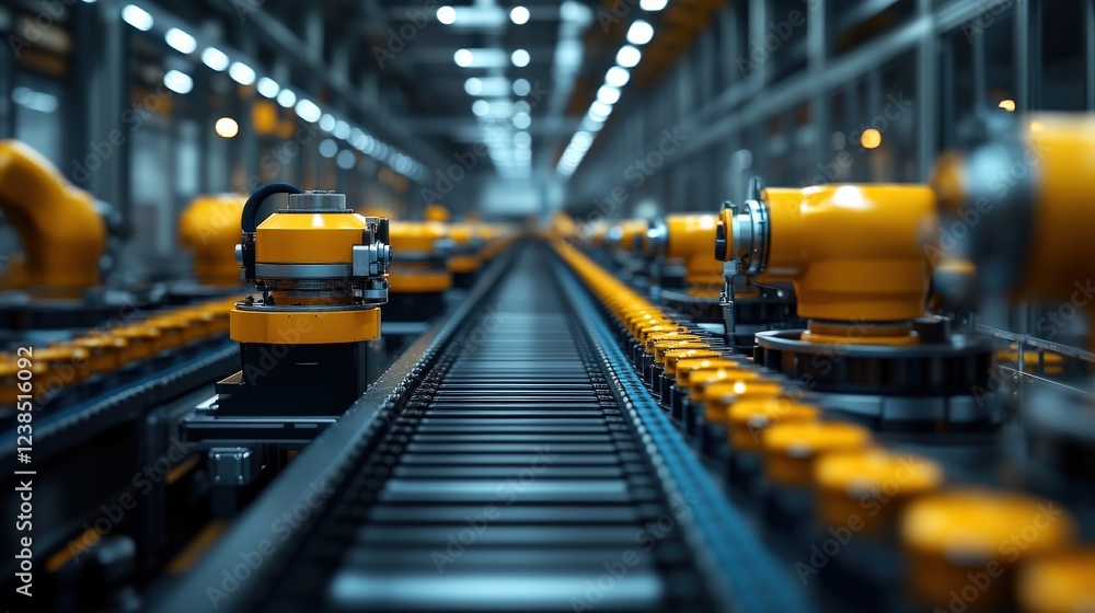 Poster advanced robotic arms operating in a high-tech manufacturing facility with a streamlined conveyor sy