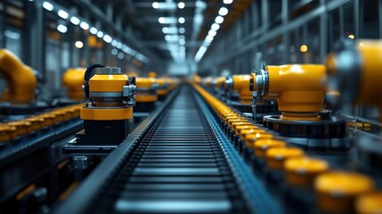 Advanced robotic arms operating in a high-tech manufacturing facility with a streamlined conveyor system