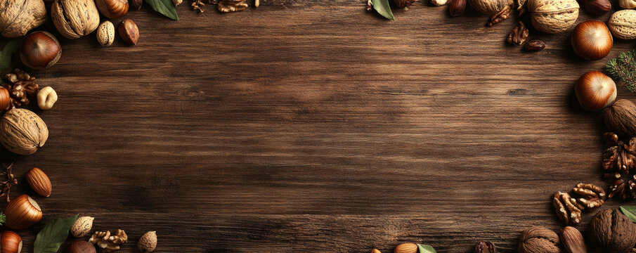 Rustic wooden background with assorted nuts including pecans, macadamias, and walnuts, creating warm and inviting atmosphere for culinary displays