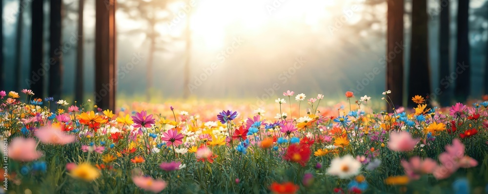 Poster wildflower fields nature concept. a vibrant field of colorful flowers illuminated by soft sunlight i