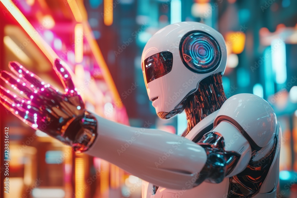 Poster A high-tech robotic arm adjusting its form and tools to perform various tasks, glowing with neon-blue energy, symbolizing the ultimate versatility in AI