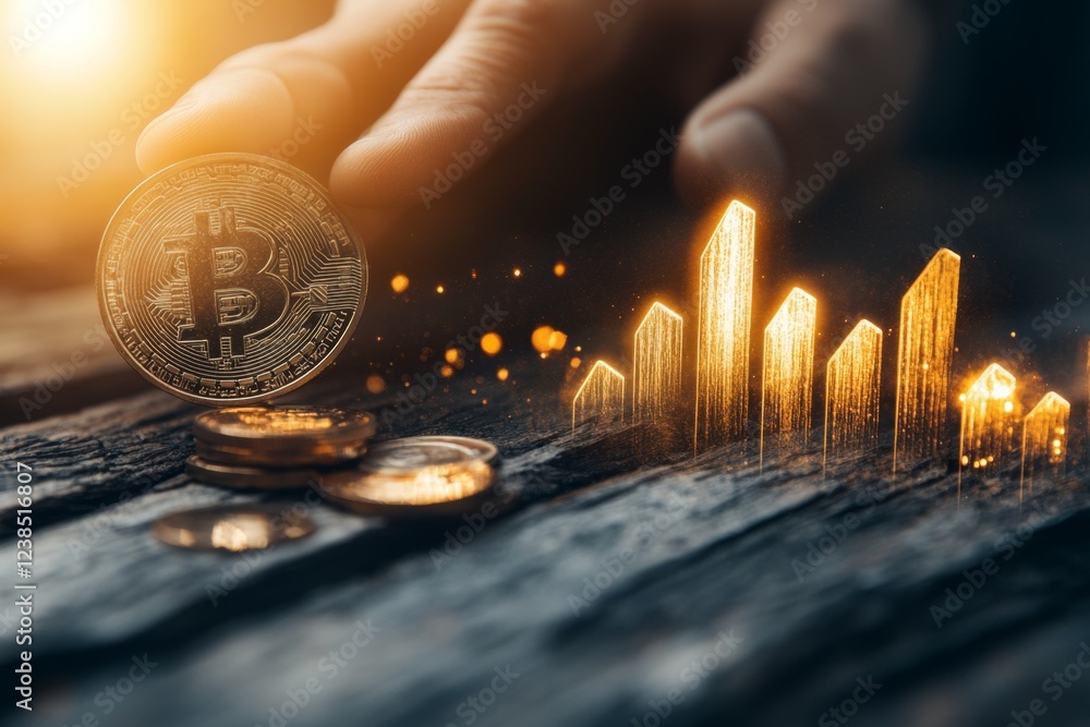 Poster A hyper-realistic close-up of a hand holding a shiny coin next to a bar graph showing increasing percentages, with every detail of the coin and graph sharply defined